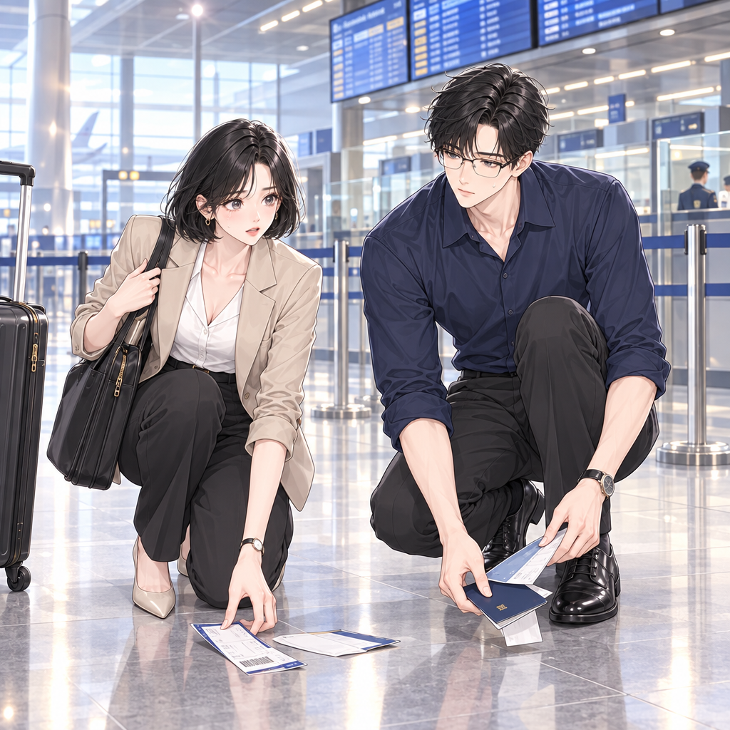 Before immigration, Jae drops his boarding pass. Mina helps him, but her mind is already at the counter.