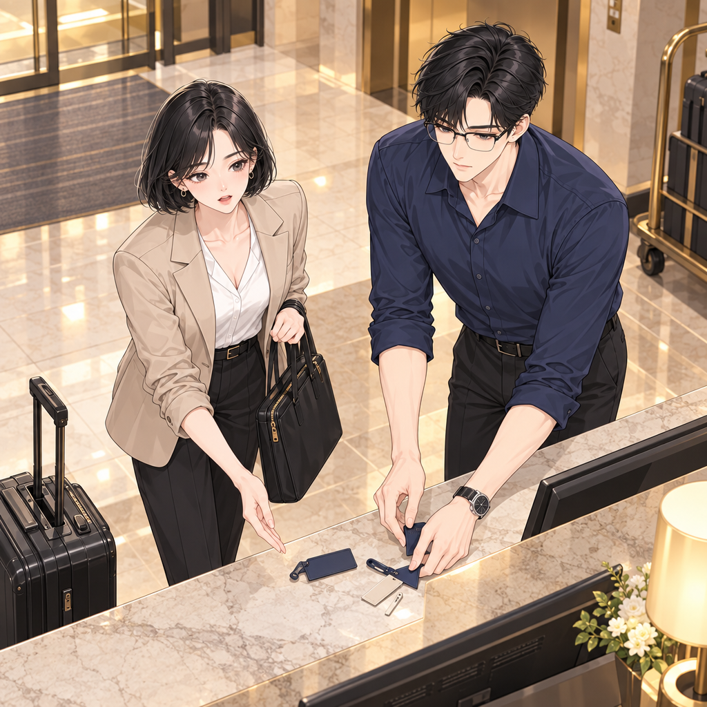 Mina gives way at the busy front desk and helps collect dropped luggage tags. A fully booked business conference makes every unclear reques…