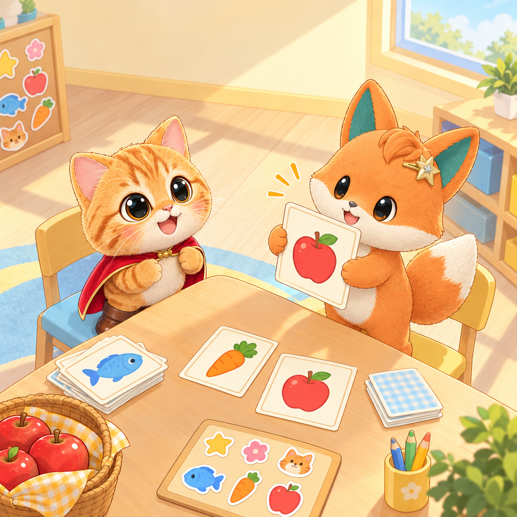 별이はりんごのカードを出しました。すきは「좋아하다」라는 뜻이에요.
