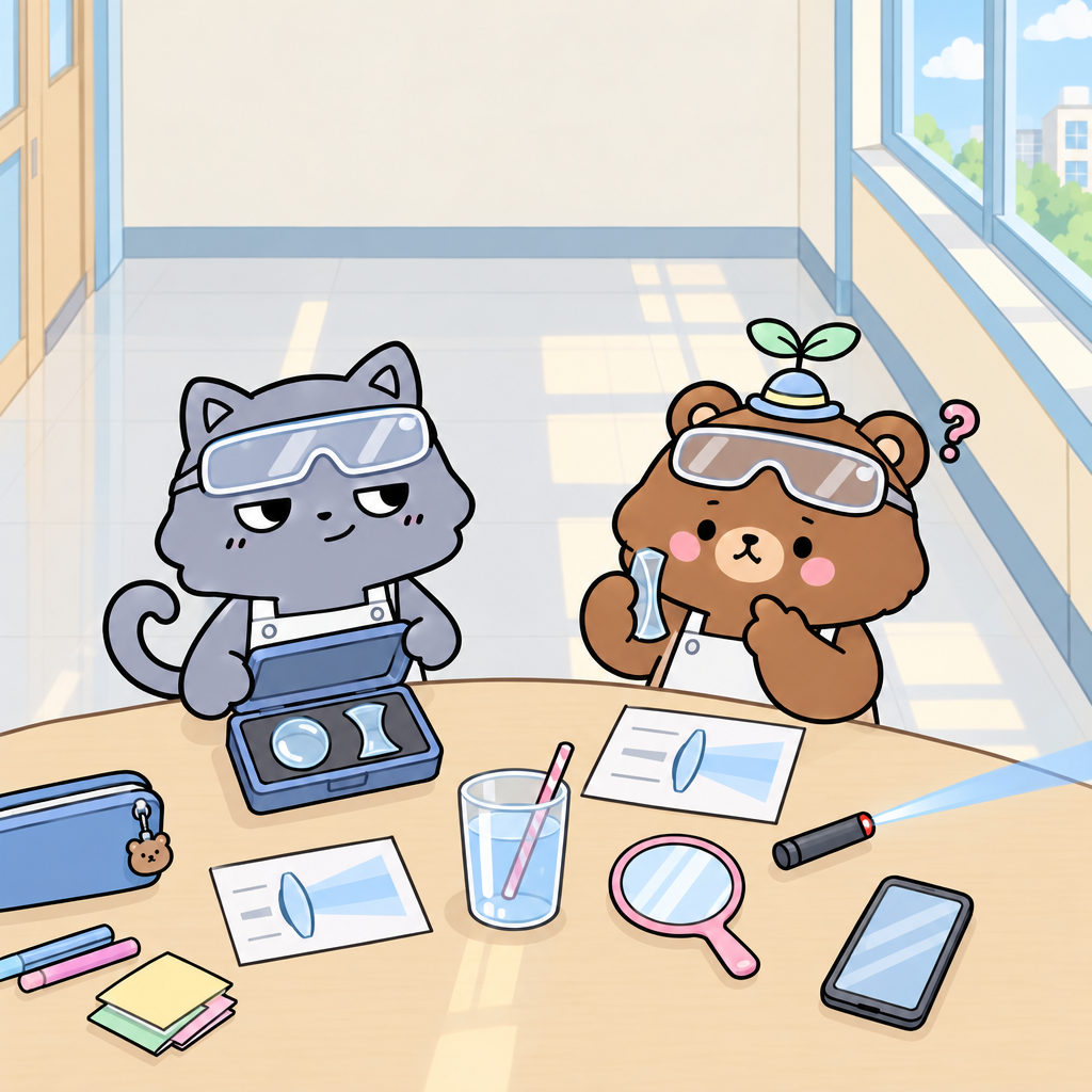 곰곰은 거울 속 방향을 따라가다 렌즈 상자를 열었다. 볼록렌즈는 가운데가 두꺼워 빛을 모으고, 오목렌즈는 가운데가 얇아 빛을 퍼지게 한다.