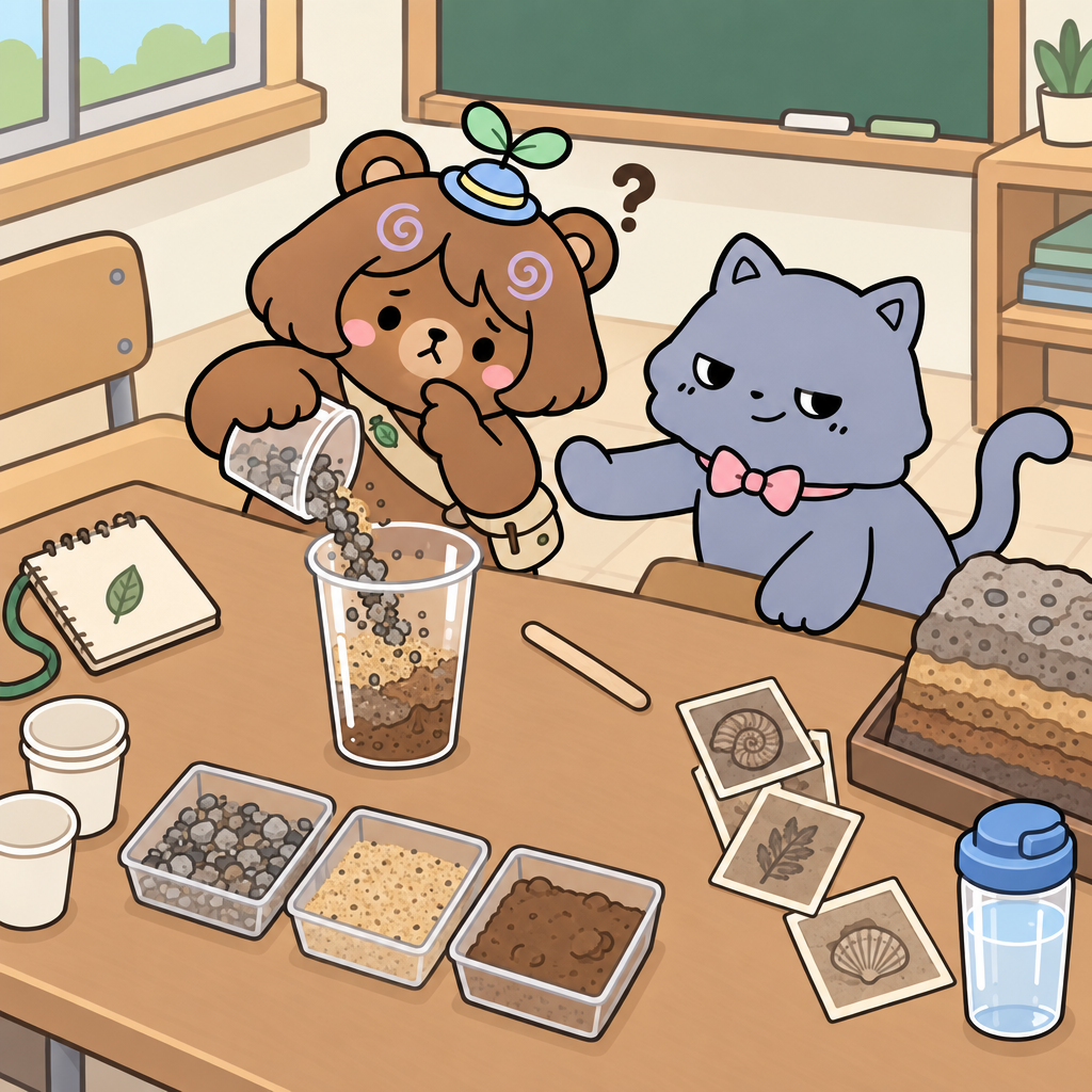 곰곰은 투명한 컵에 재료를 넣다가 순서를 헷갈렸다. 지층은 흙, 모래, 자갈 등이 층층이 쌓여 만들어진 지면이며, 퇴적은 물이나 바람에 흙이나 모래가 쌓이는 일이다.