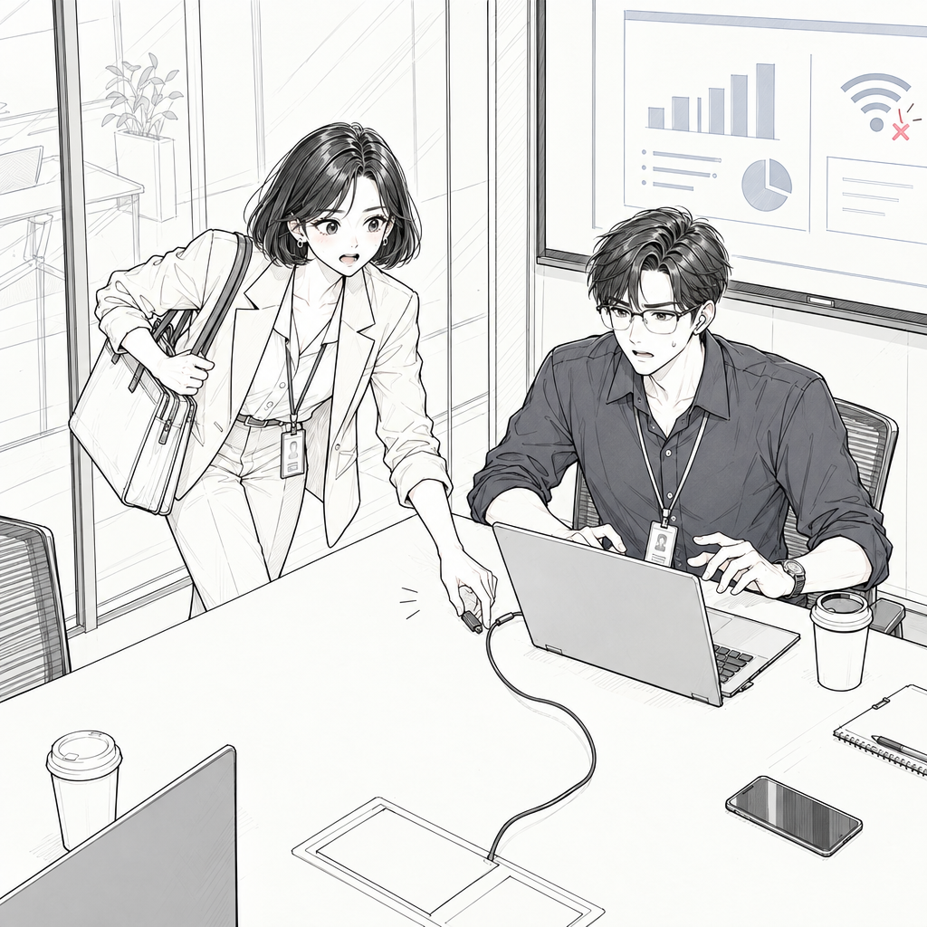 The meeting starts in the Seoul office huddle room. Mina reconnects Jae's screen while the clock pushes them toward the first discussion.
