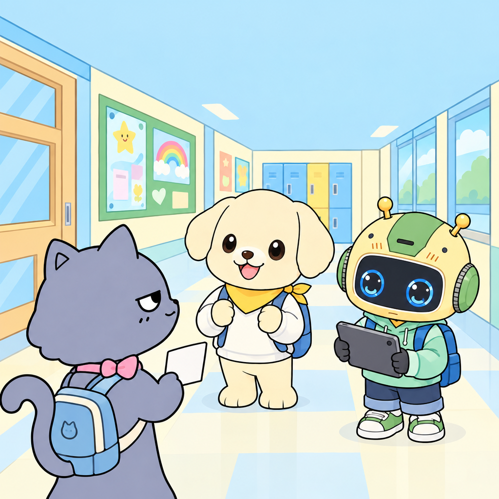 The wrong question makes the tablet freeze. Robot_child_male_chibi_mascot_002 cannot answer yet.