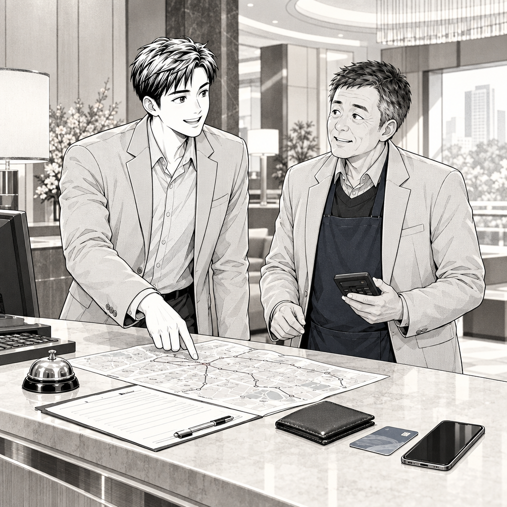 호텔 체크아웃 뒤 준은 리 사장에게 지하철역 방향을 알려 줍니다. 그런데 주머니를 확인하자 지갑 대신 영수증만 나옵니다.