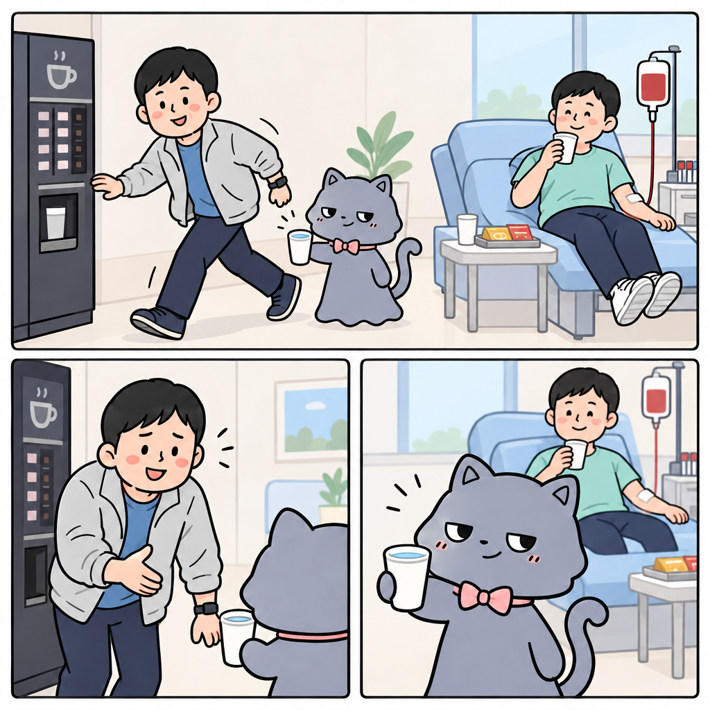 헌혈 직후 박동진은 커피 자판기로 향하지만, 30대 남성은 회복 라운지에서 물을 마시며 쉬고 있습니다. 헌혈 뒤에는 약 10분 정도 지혈하고 물과 음료를 마시며 쉬며, 카페인 음료는 권하지 않습니다.