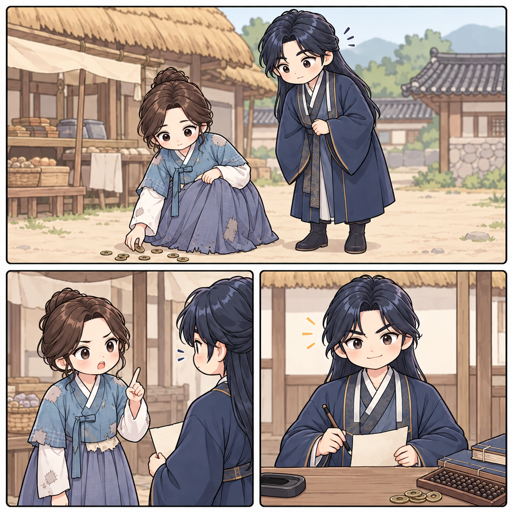 시간을 조금 되돌리면, 허생의 아내는 떨어진 엽전을 대신 주워 주고 있었다. 허생은 빈 종이를 받아 첫 문제를 풀기로 했다.