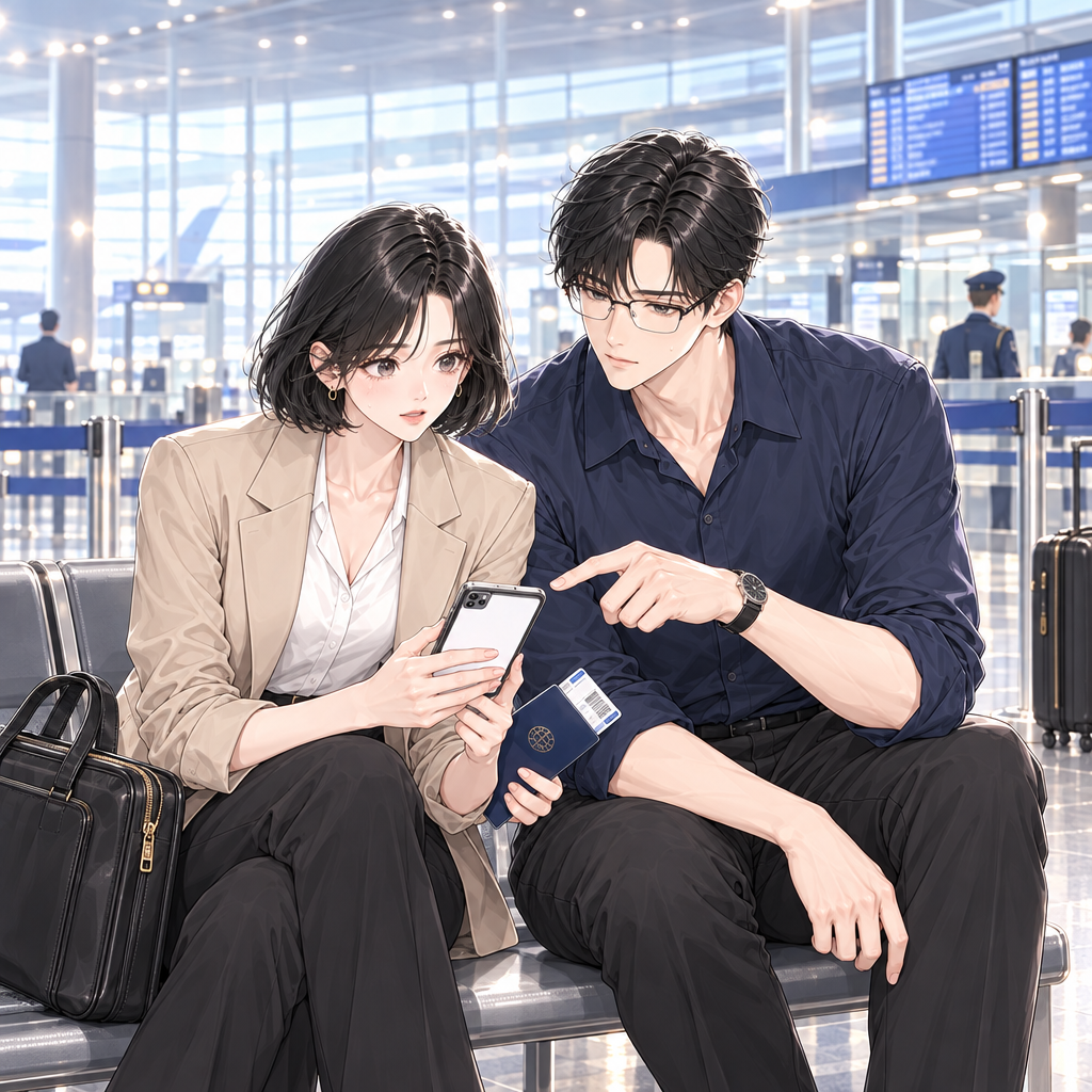 Jae gives Mina one lifeline: a complete sentence for her visit purpose. At immigration, a short sentence is clearer than broken words.