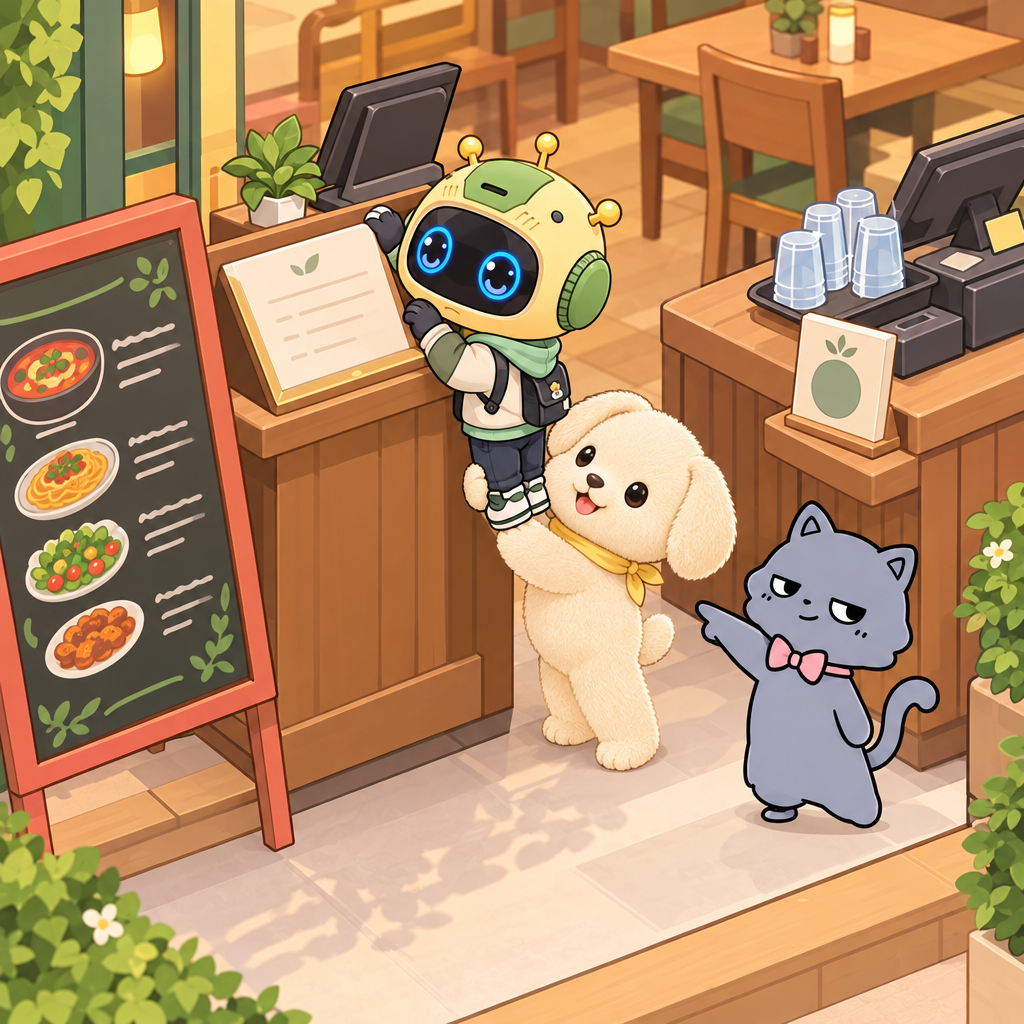The robot_child_male_chibi_mascot_002 cannot see over the reservation stand. A reservation is a booked time, so the trio checks it before s…