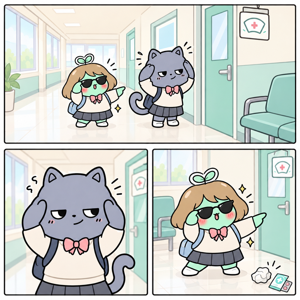 냥냥은 보건실 앞에서 머리를 꼭 붙잡았다. 중국어로 머리가 아프다고 말할 때는 ‘头疼’을 써서 我头疼。이라고 한다.