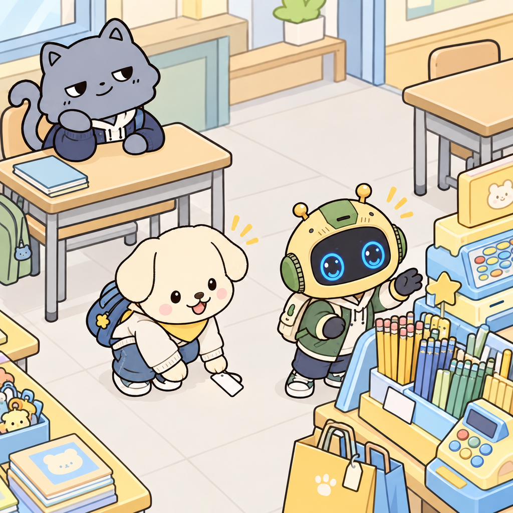 A pencil price tag falls during shop-play setup. 몽이 picks it up, and the robot_child_male_chibi_mascot_002 helps fix the display.