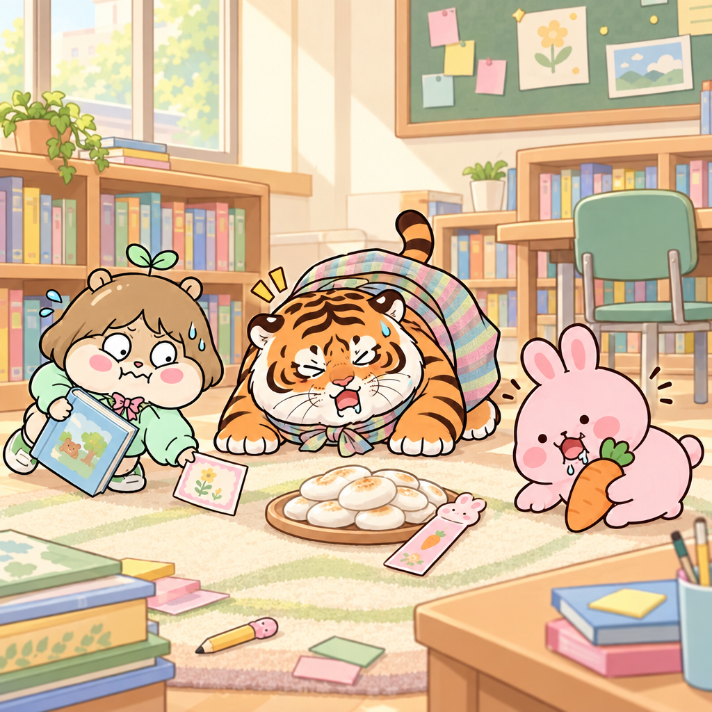 콩이는 복도에서 붙이려던 글을 잠시 내려놓고 세 친구와 작품을 펼쳤다. 작품의 주제는 작품이 전달하려는 중심 생각이며, 인물과 배경을 살펴야 찾을 수 있다.