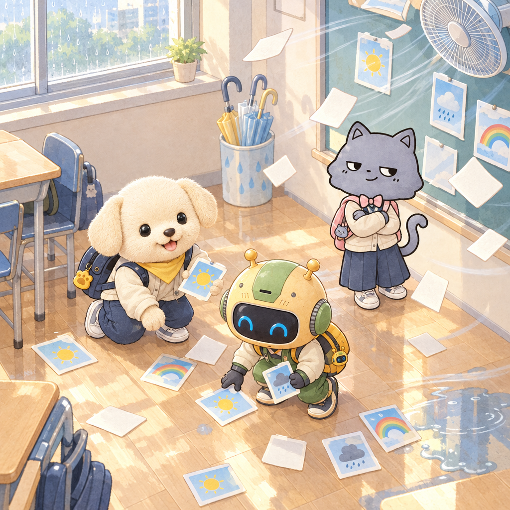 The fan scatters weather cards. They practice for weather helper duty.