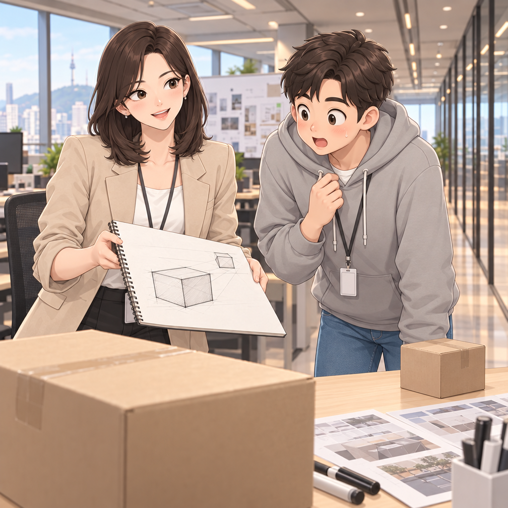 하나는 먼 상자를 작게 줄여 초안의 깊이를 되살립니다. 같은 모양이라도 거리의 차이는 화면 속 크기의 차이로 나타납니다.