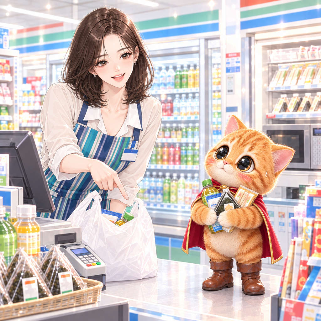 점원은 「レジ袋はご利用ですか。」라고 물었습니다. 부츠는 「大丈夫です」라고 잘못 말해 물건을 품에 끌어안았습니다.