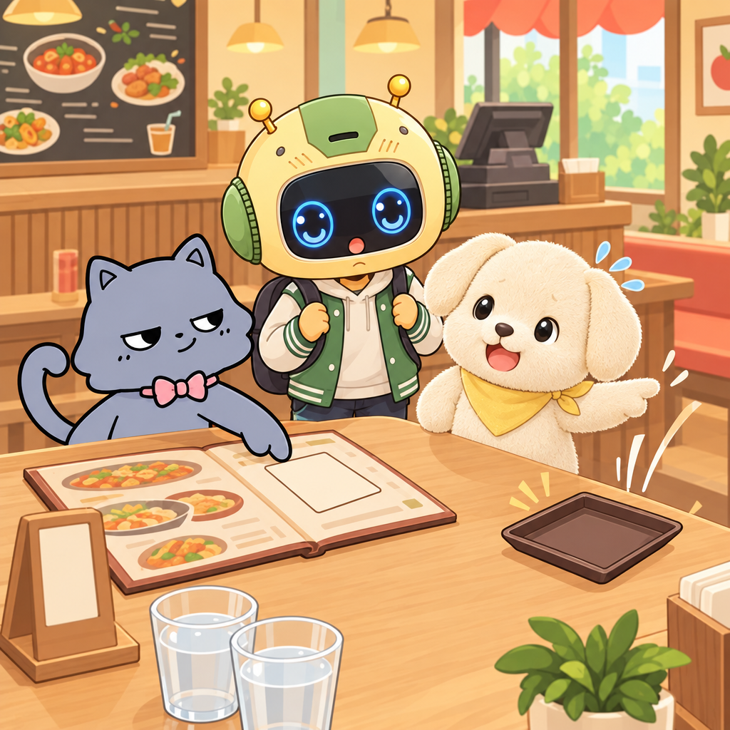 At the table, 냥냥 points to a bill by mistake. The empty bill tray arrives before any food, making 몽이 freeze.