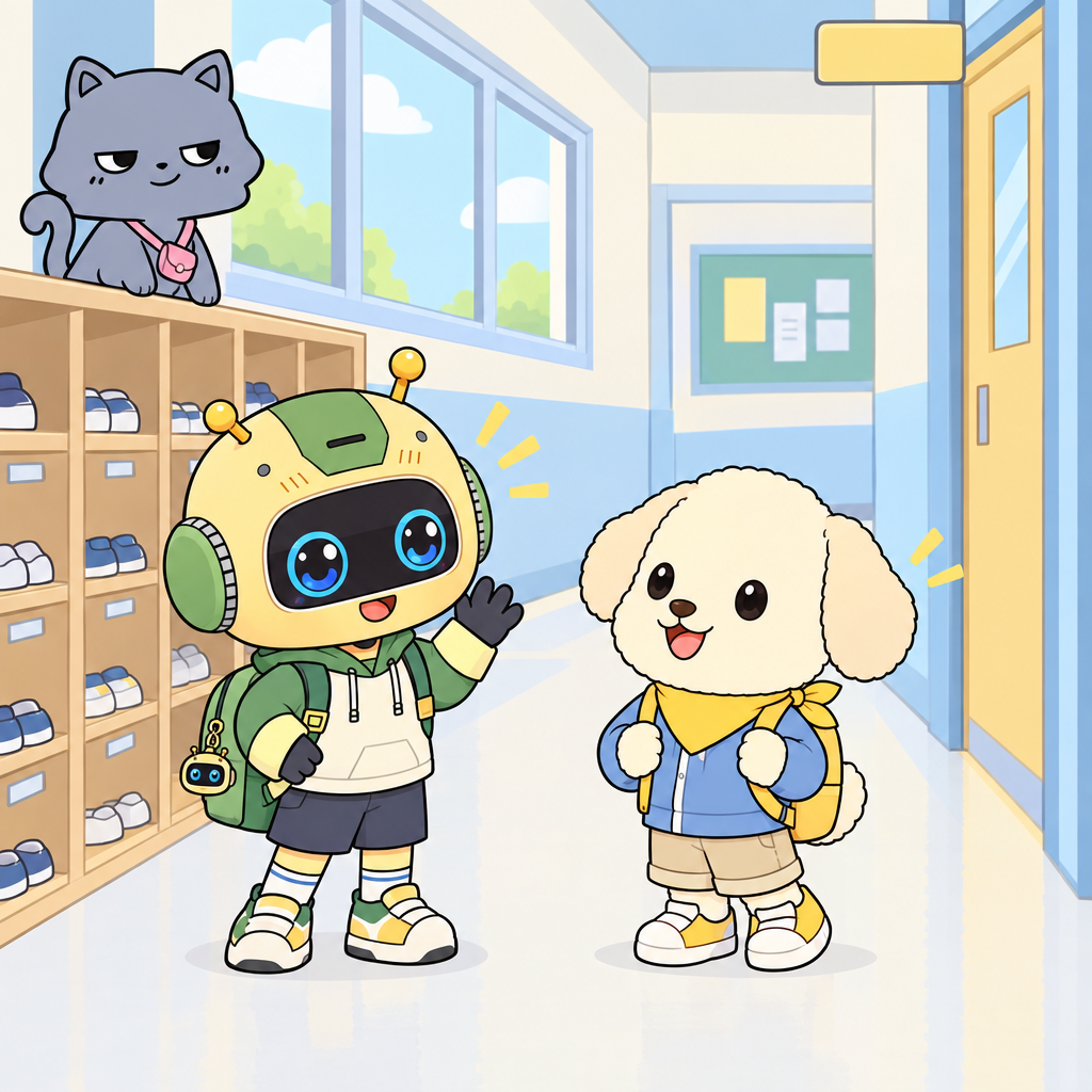The robot greets Mongi in the hallway. Hi is a light greeting for a friend.