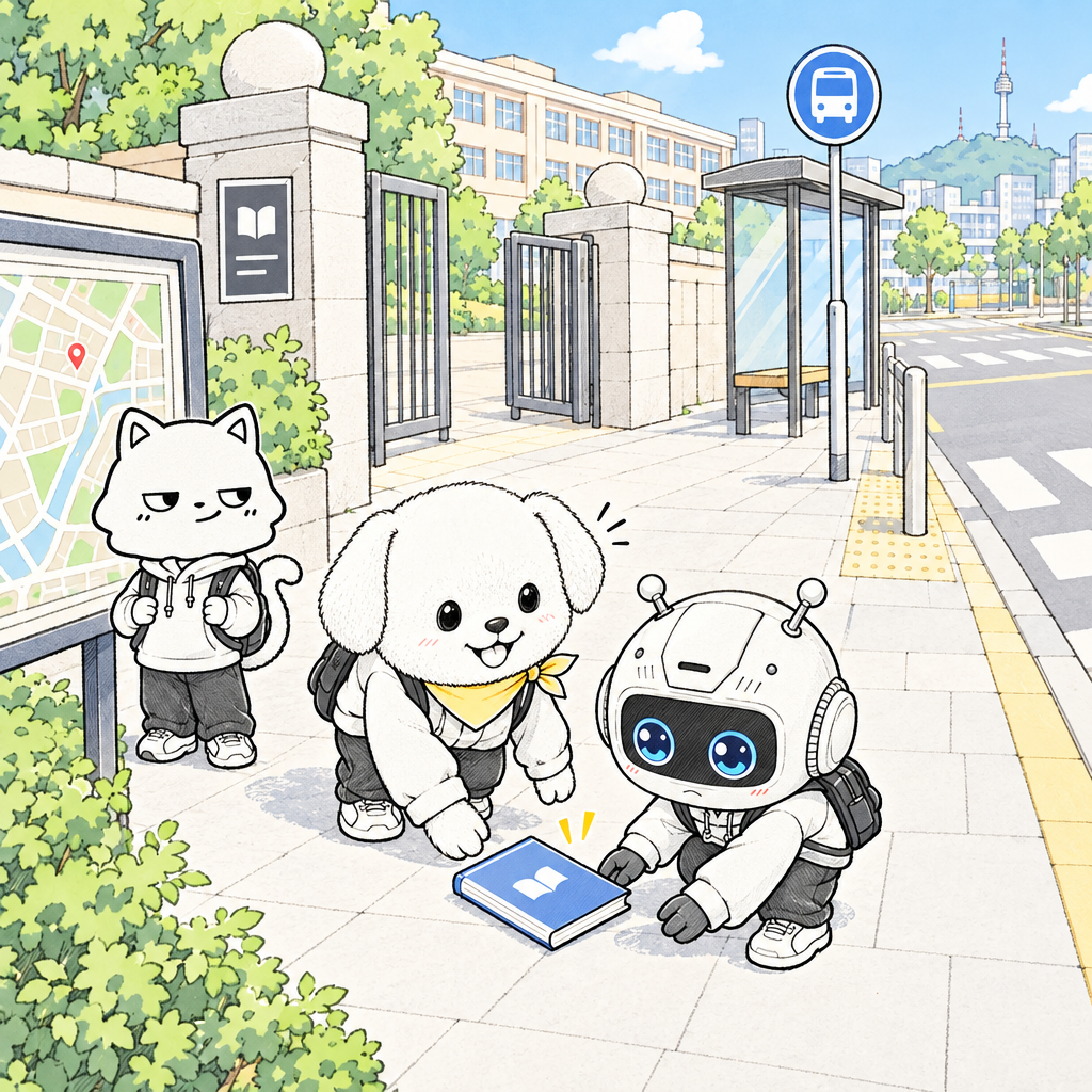 The library book drops at the school gate. 몽이 asks for the library with the full question pattern.