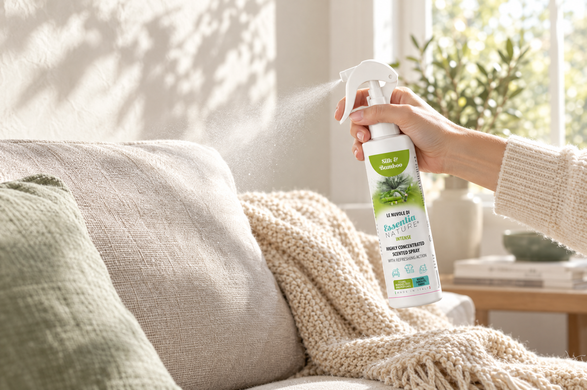 Misting INTENSE Silk & Bamboo room spray onto a linen sofa cushion