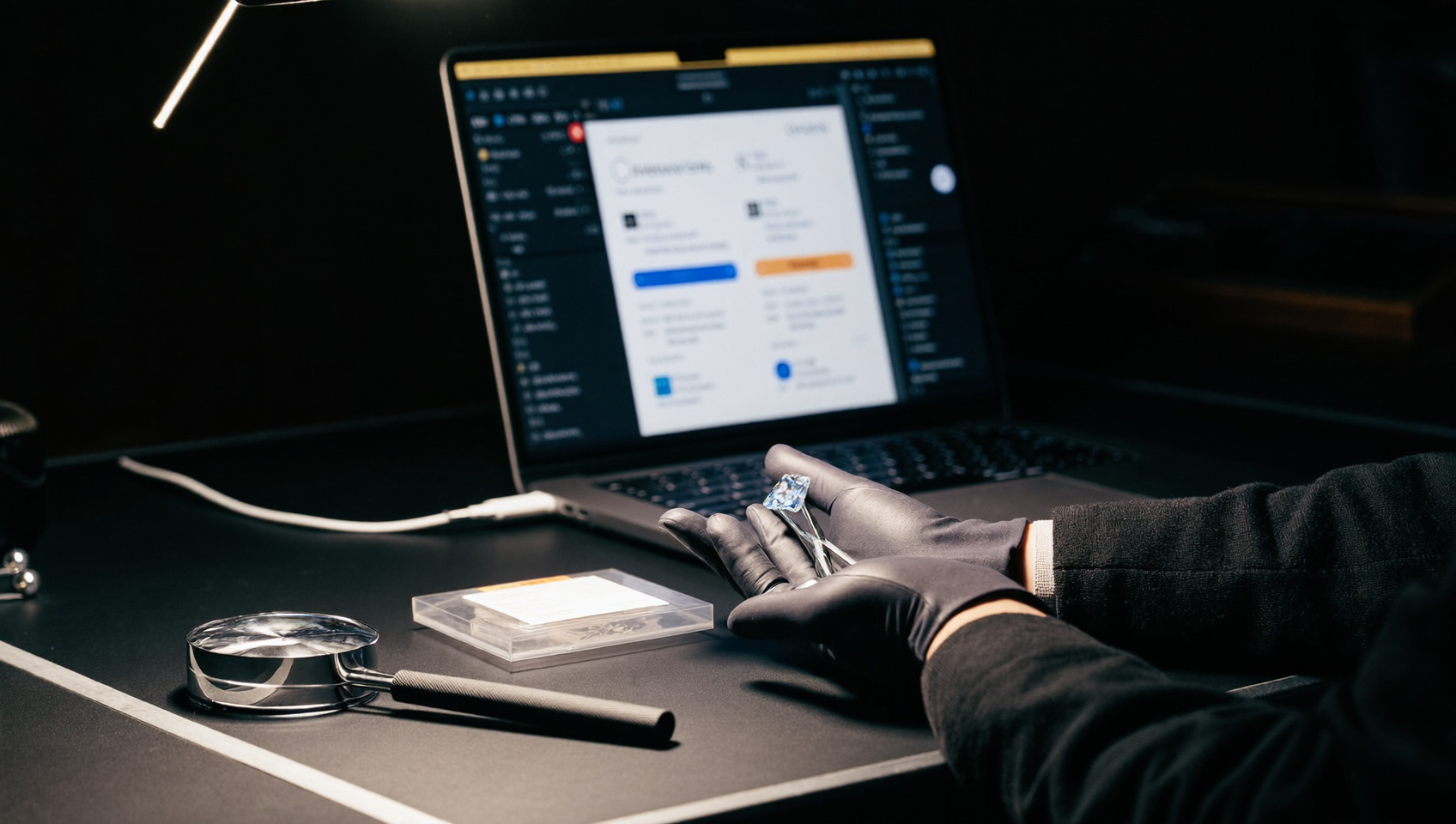 Jeweler verifying Theicelane lab-grown diamond certificate before purchase