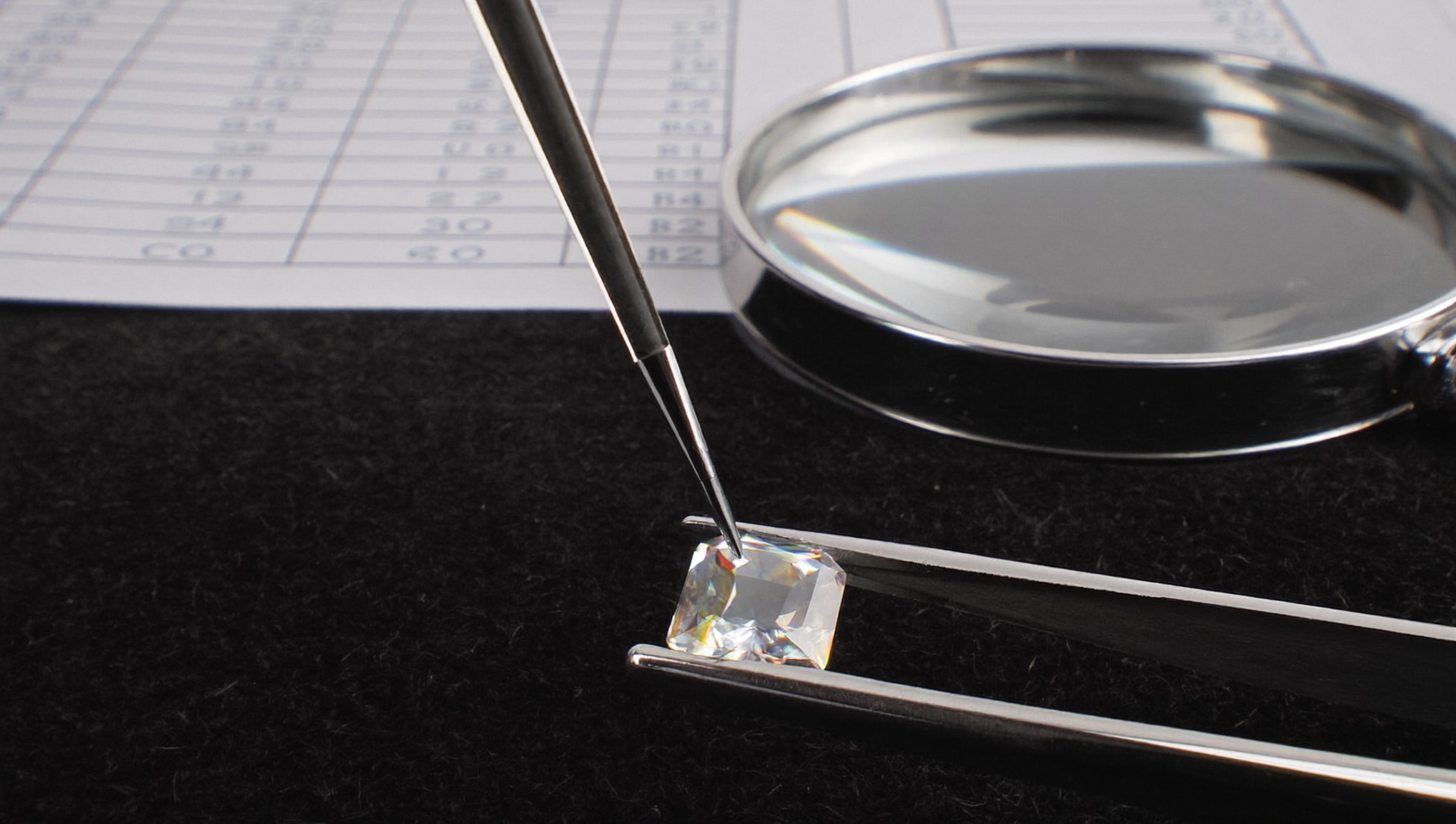 Lab-grown diamond verification with tester, loupe and grading report