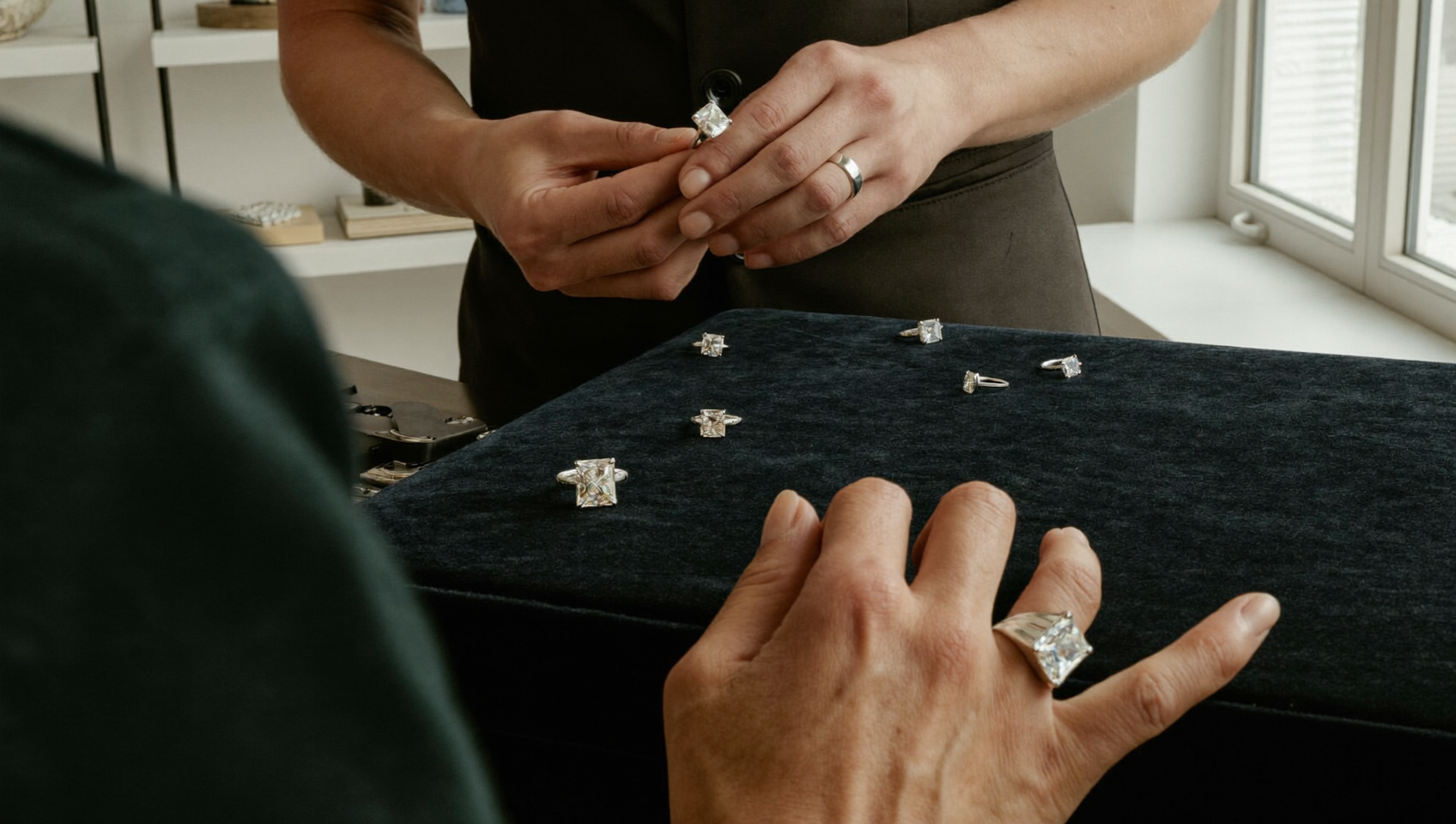 Buyer comparing seven carat lab-grown diamond and strong platinum setting