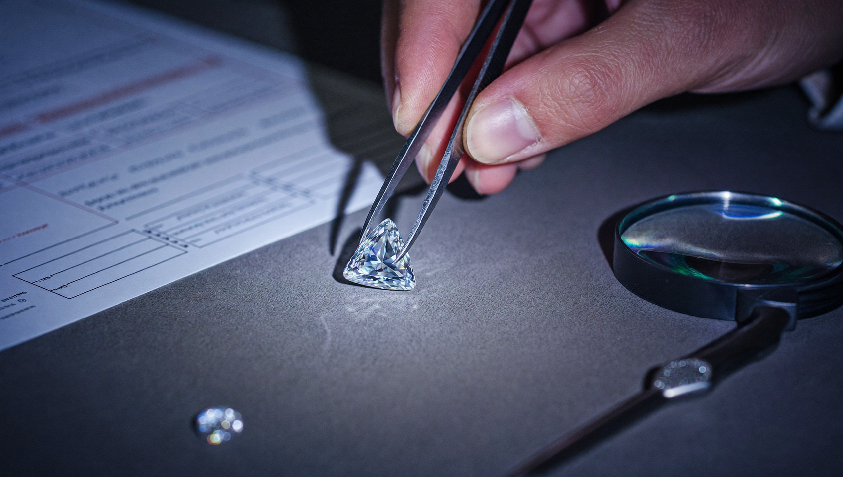 Jeweler verifies lab-grown diamond grading transparency with loupe