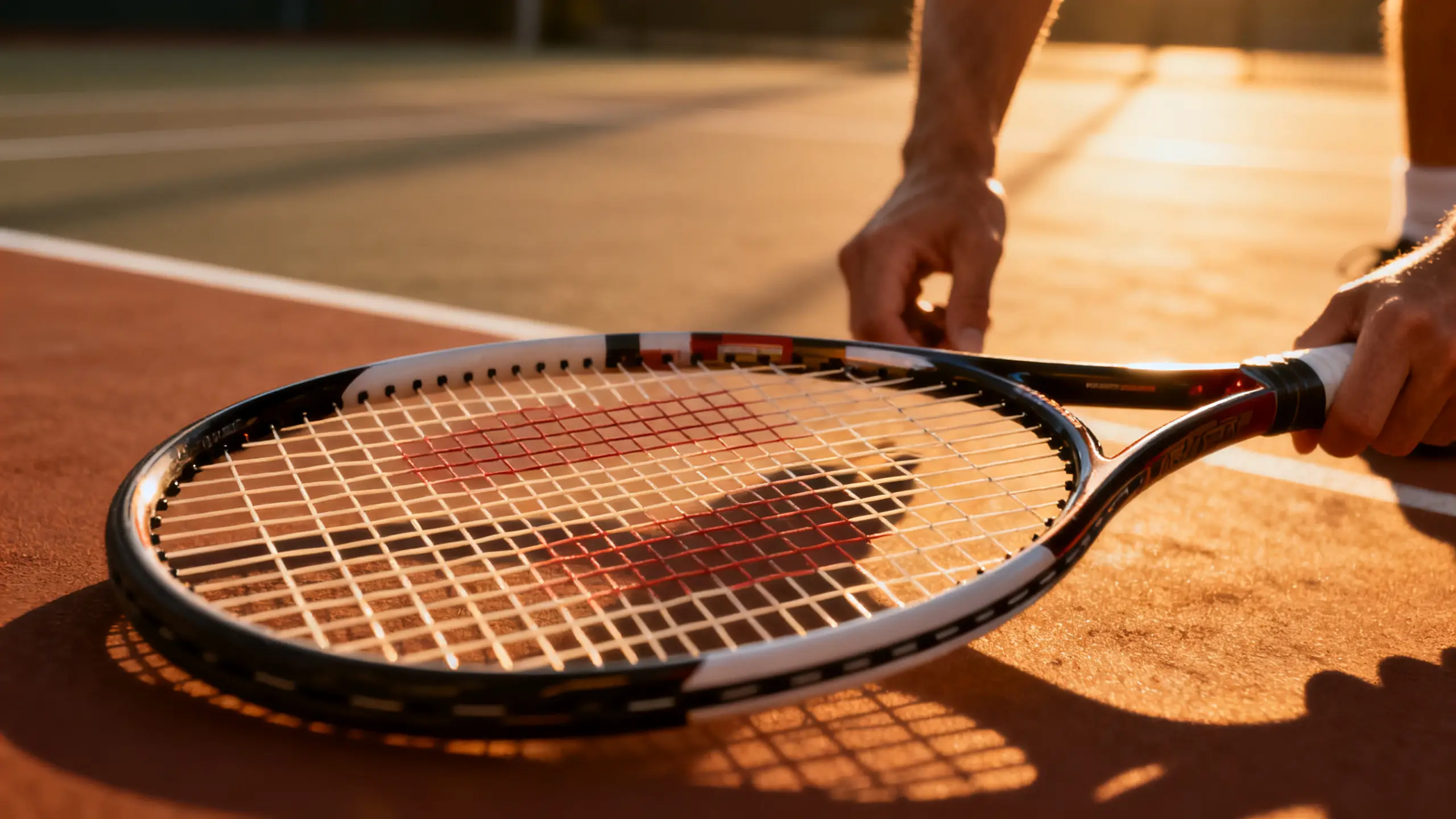 A close-up macro shot of a tennis racket string bed, showing the cross strings and main strings in sharp detail against a blurred hard court background