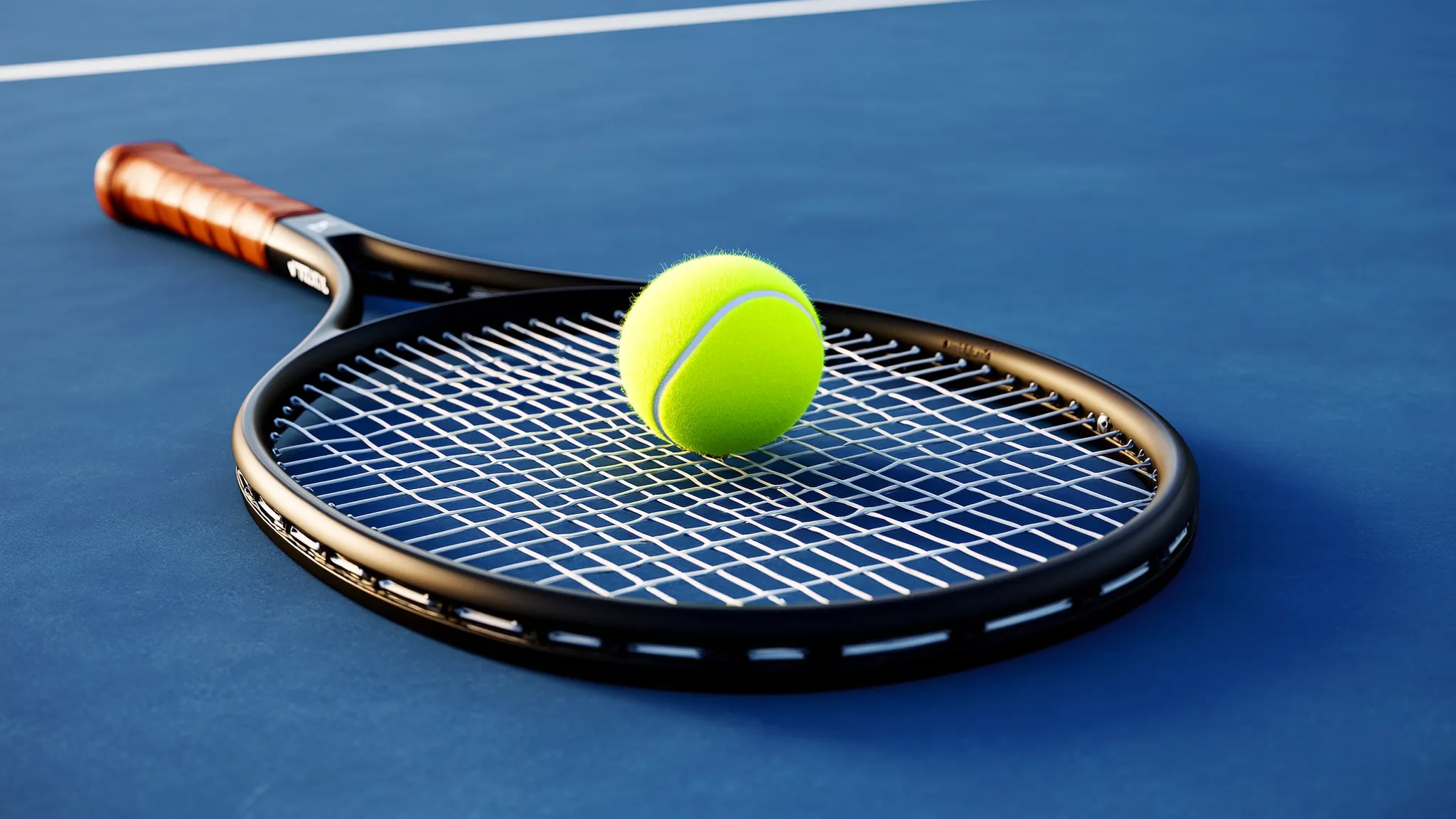 Close-up macro shot of a strung tennis racket head lying flat on a hard court surface, strings in sharp focus with a yellow ball resting in the throat