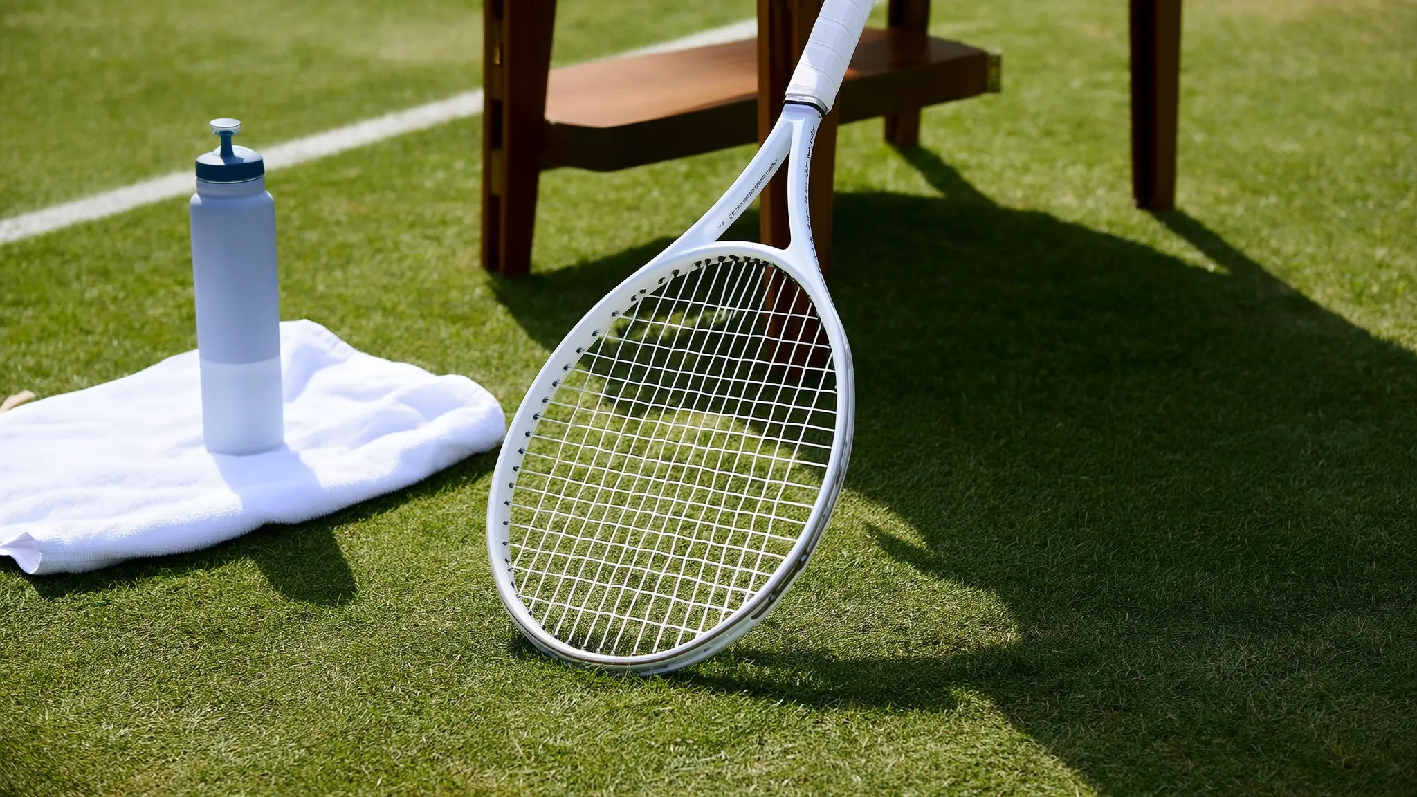 A white tennis racket resting on a grass court beside a towel and water bottle, summer light casting long shadows