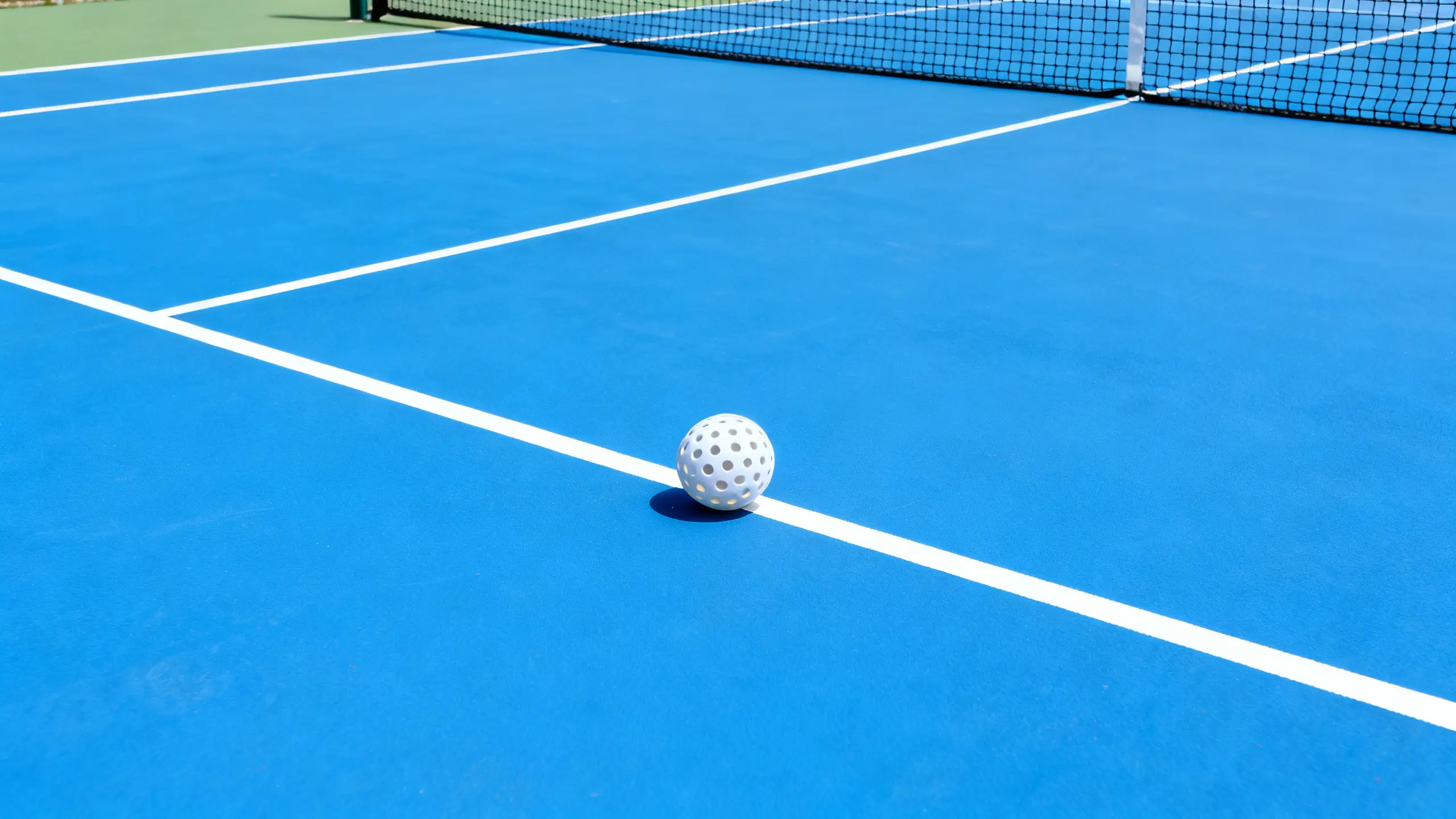 Overhead wide shot of an empty pickleball court showing the kitchen line, non-volley zone, and a single perforated plastic ball resting near the centre line on a bright blue hard surface