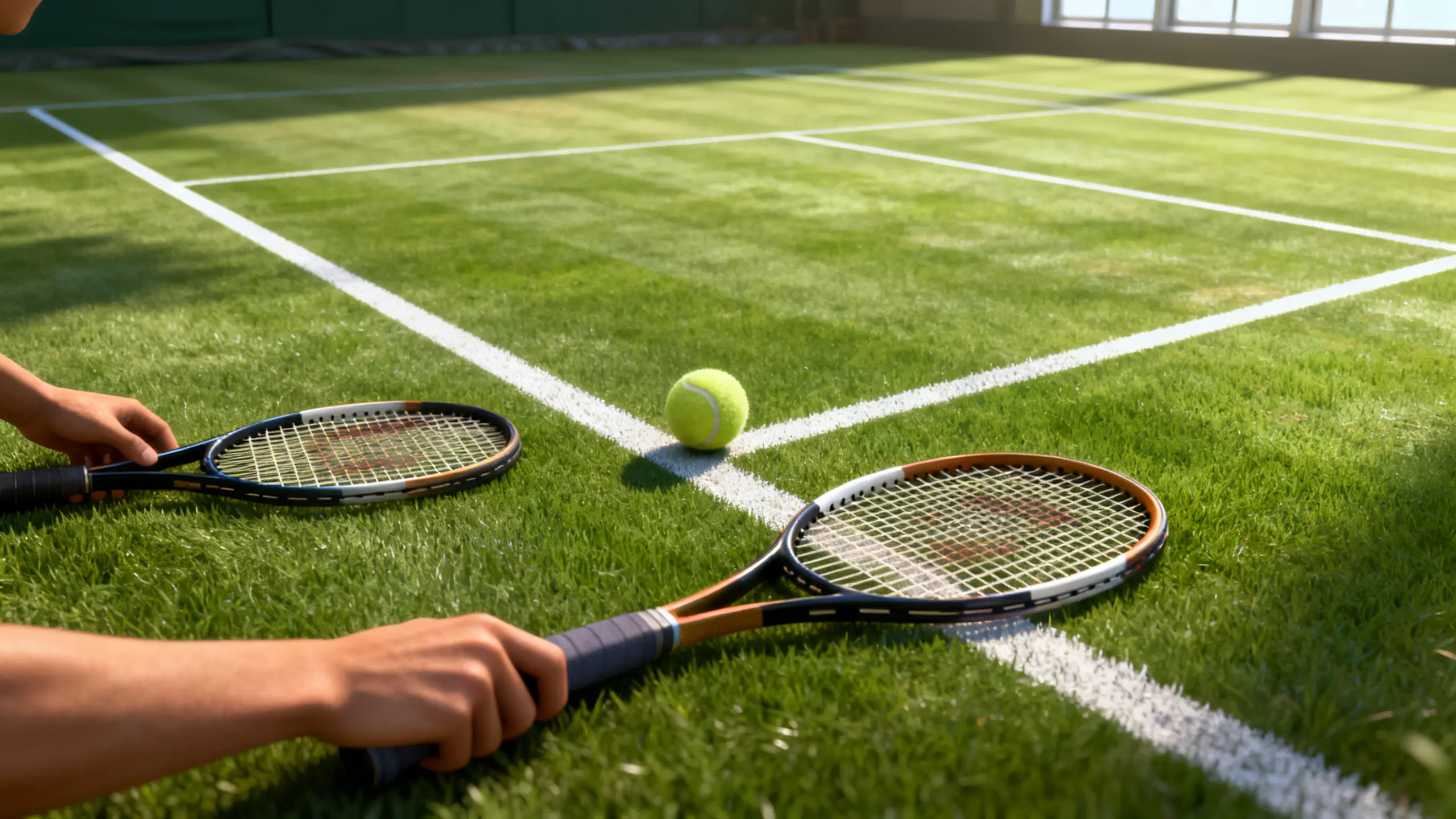 Wide overhead shot of an empty grass tennis court from directly above, white lines sharp against the green surface, a single tennis ball resting near the baseline