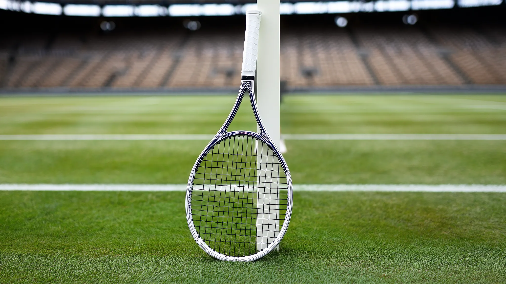 A white tennis racket resting against the net post of a grass court, with an empty stadium in soft focus behind it