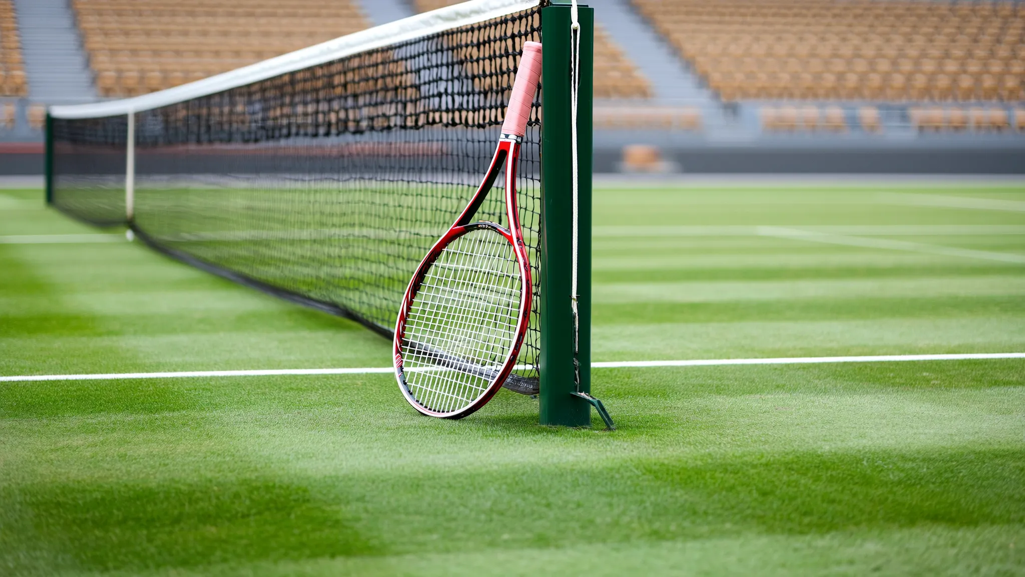 A white grass tennis court with a single racket resting against the net post, empty stands in the background