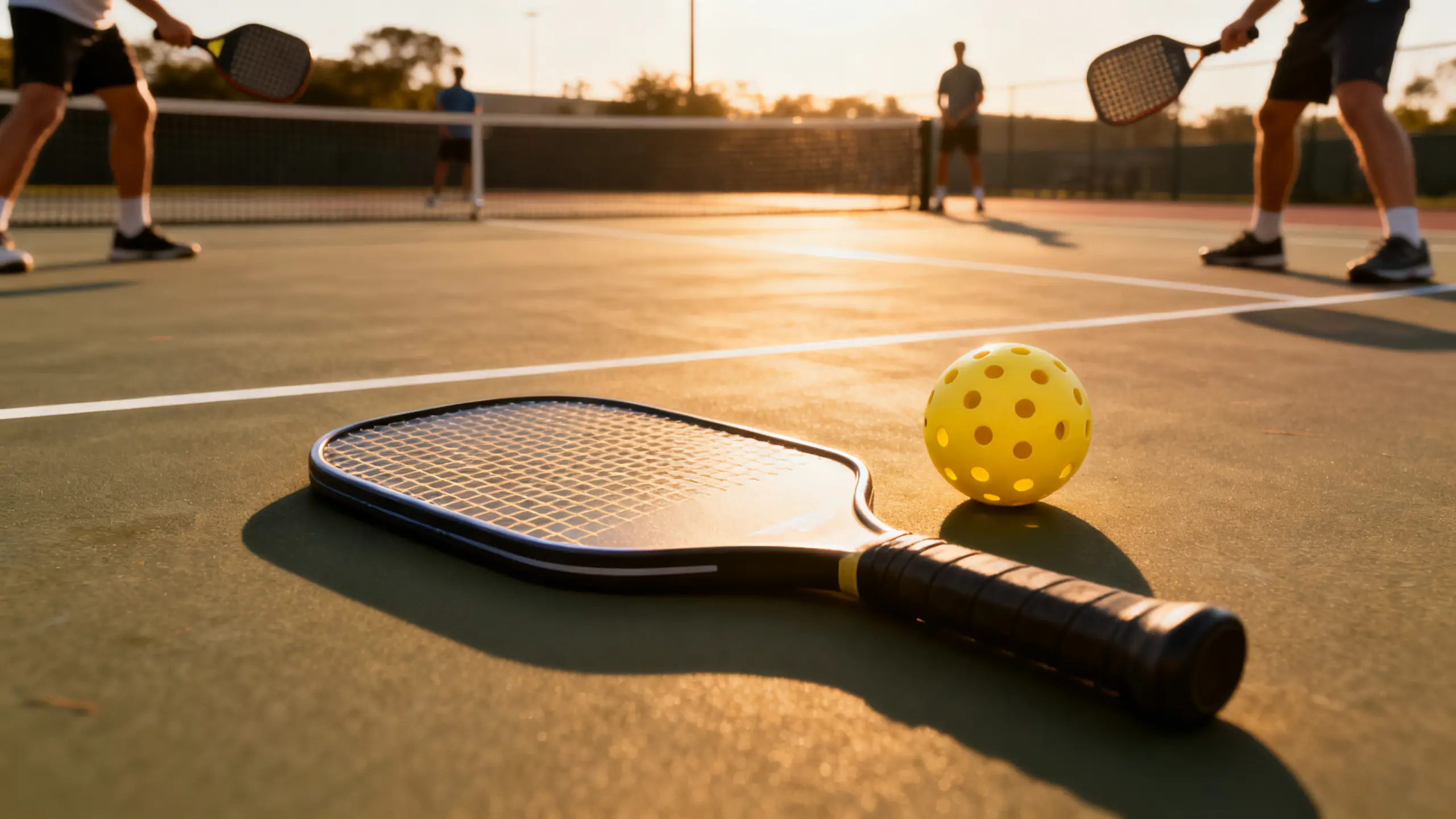 Close-up flat-lay of a pickleball paddle face and a yellow perforated pickleball resting on an outdoor hard court surface, shot from directly above