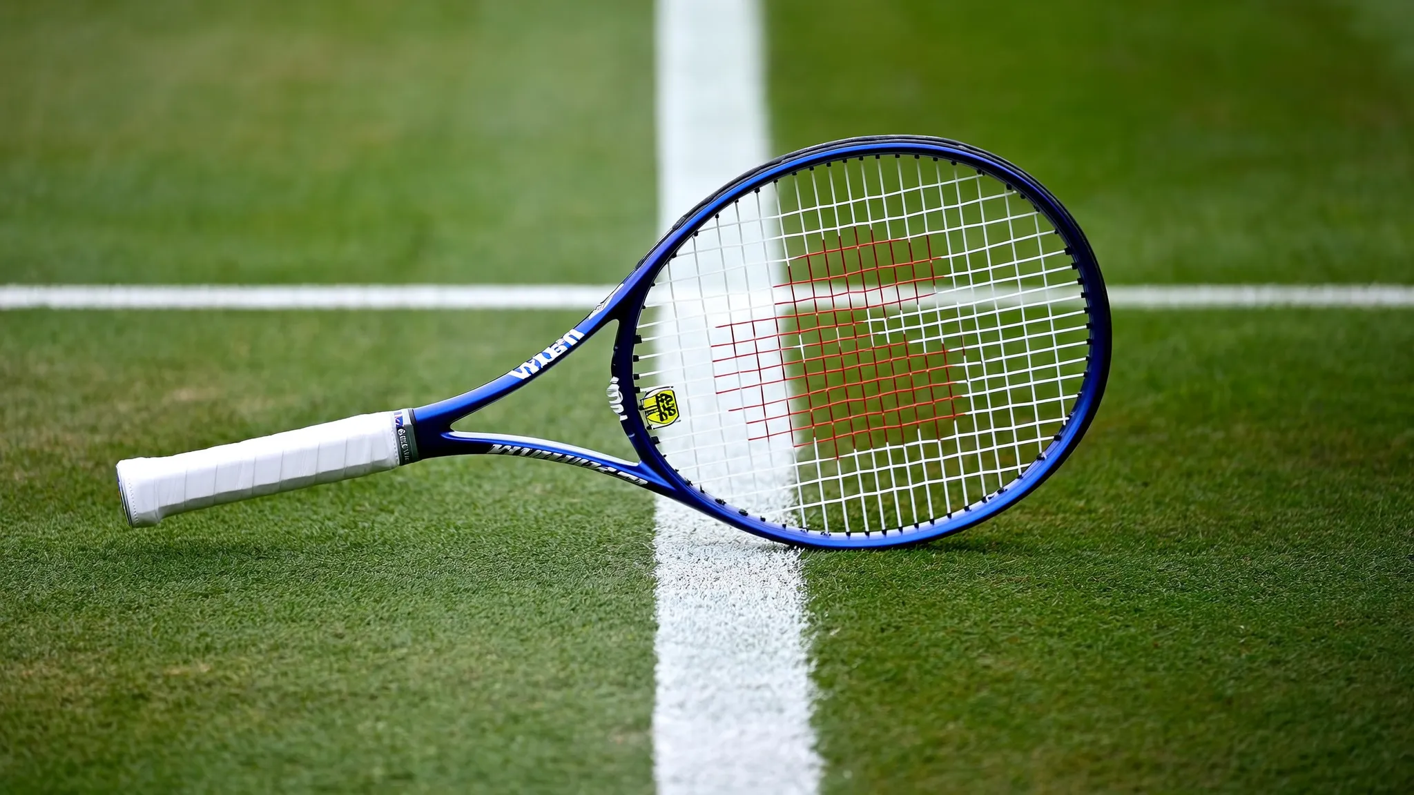 A Wilson Blade tennis racket resting on the baseline of a grass court at Wimbledon