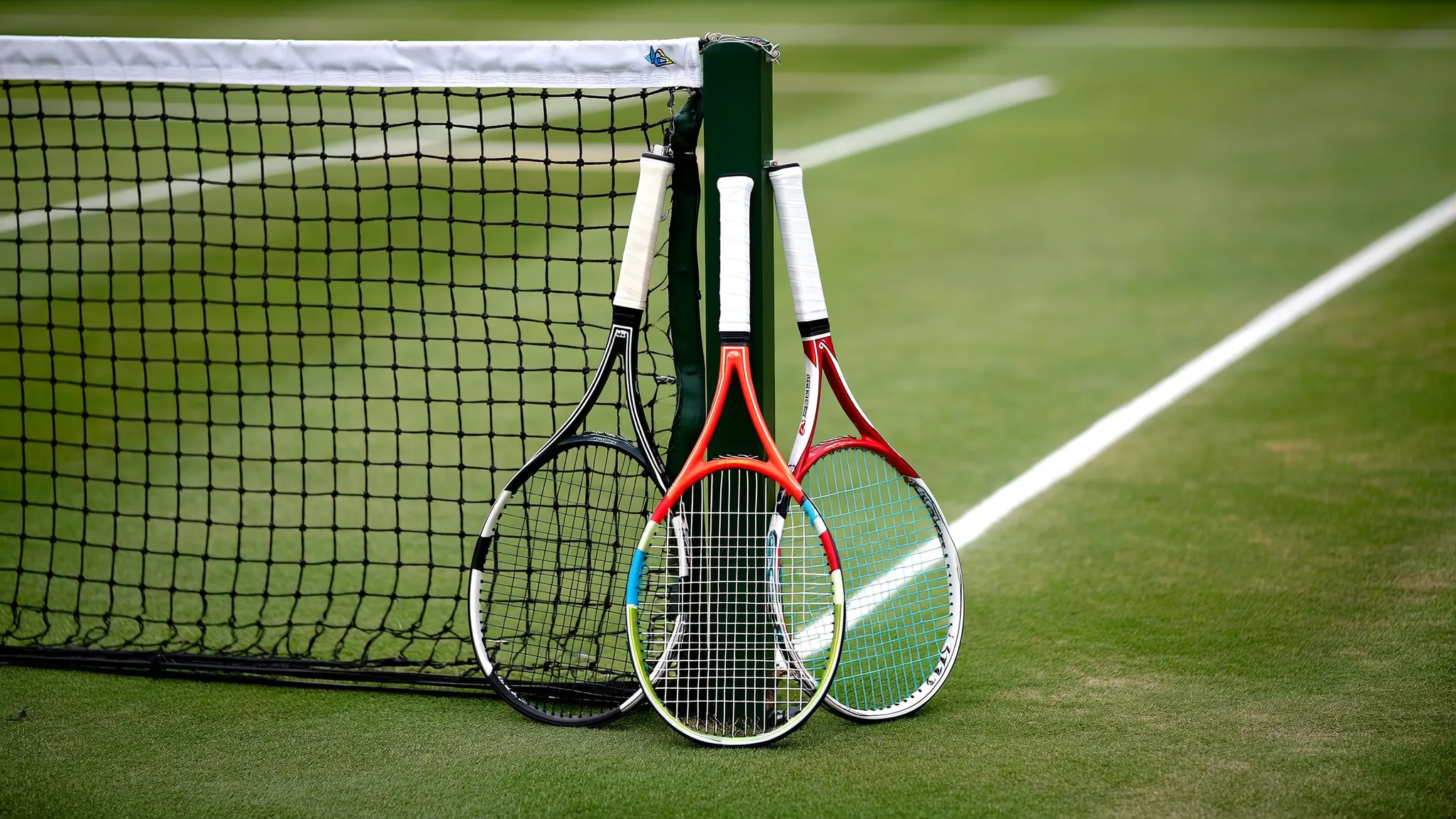 Three tennis rackets resting against the net post on an empty grass court, soft morning light