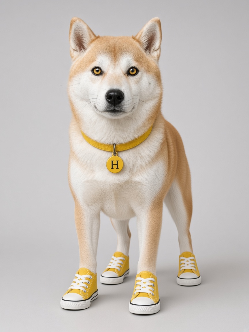 HIGGSDOGE, full-body portrait