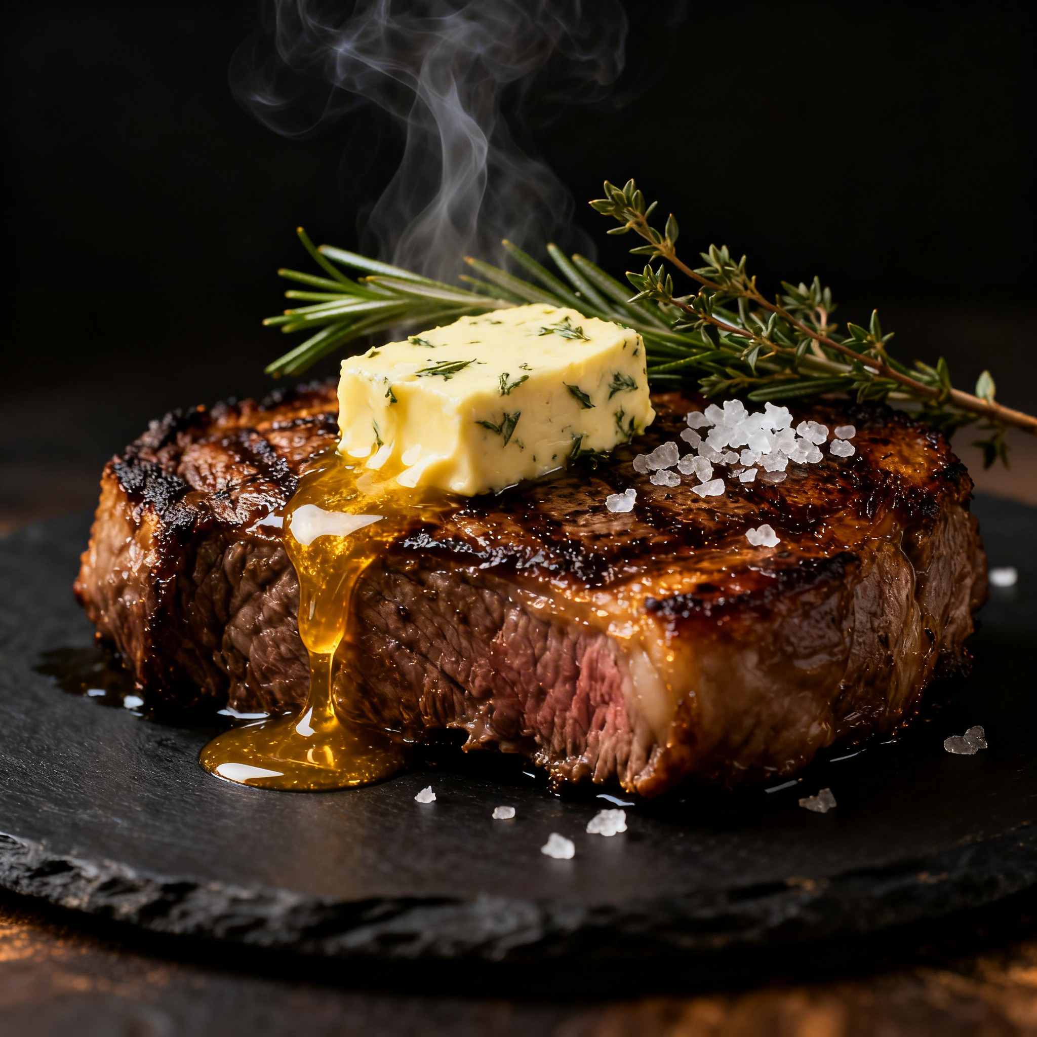 Herb butter melting on seared steak