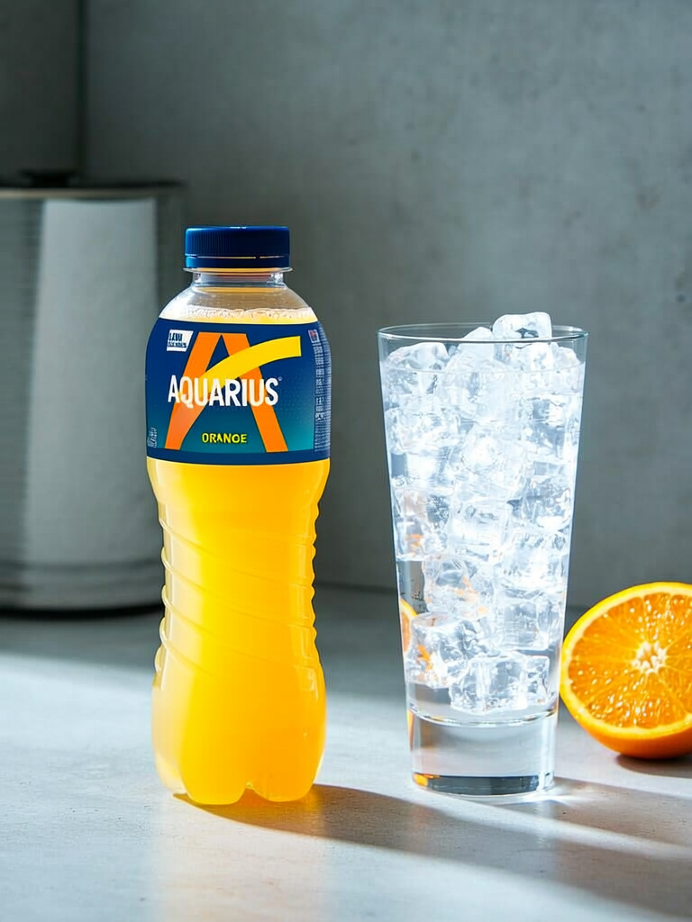 Aquarius drink Orange tray op een keukenblad met verse sinaasappel en ijs